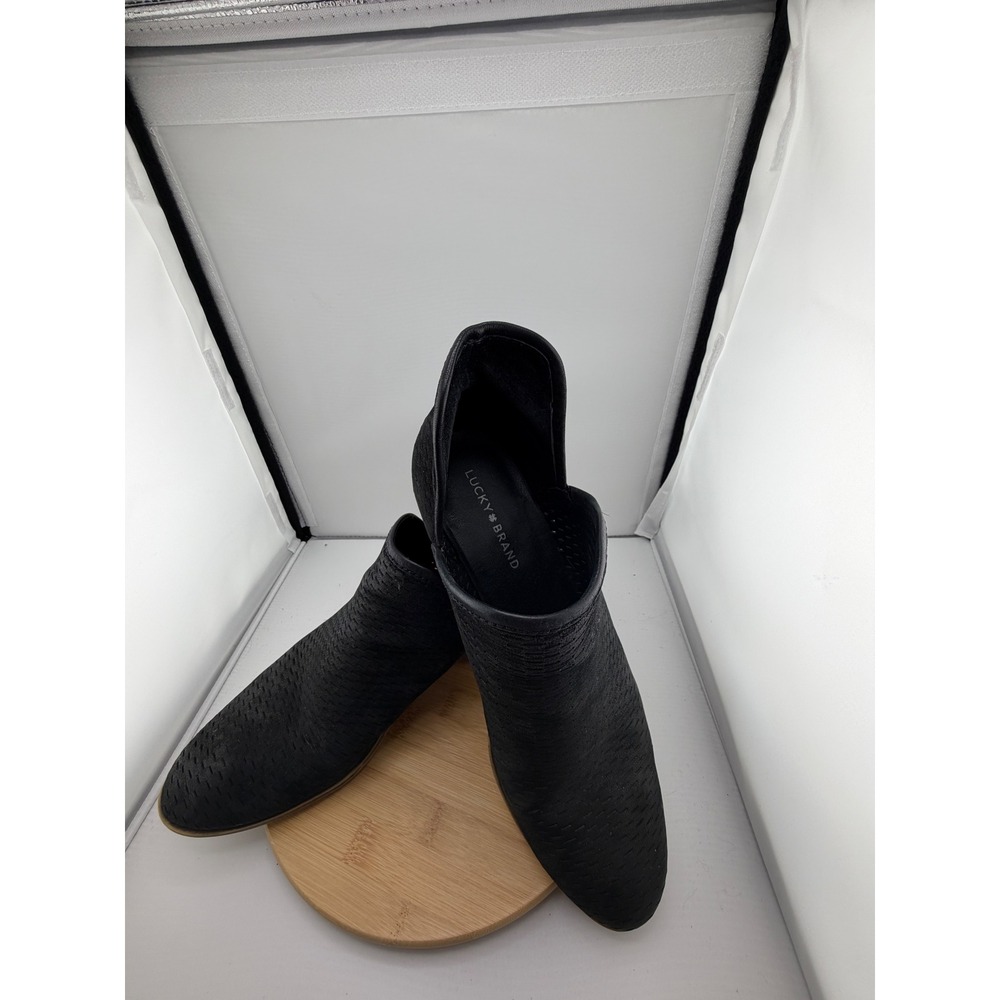 Lucky Brand Basel Black Perforated Leather Ankle Booties Side Cutout Size 10M